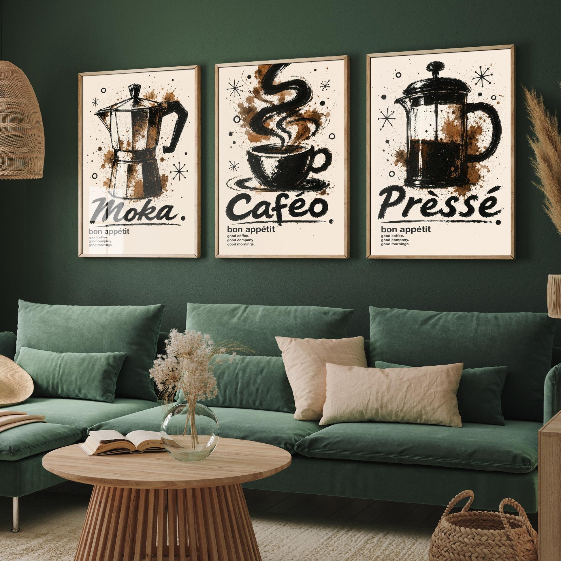 Coffee Lovers Set of Three Art Prints - Moka Pot, Coffee Cup, French Press - Ink Splatter Kitchen Wall Illustration Poster Gift