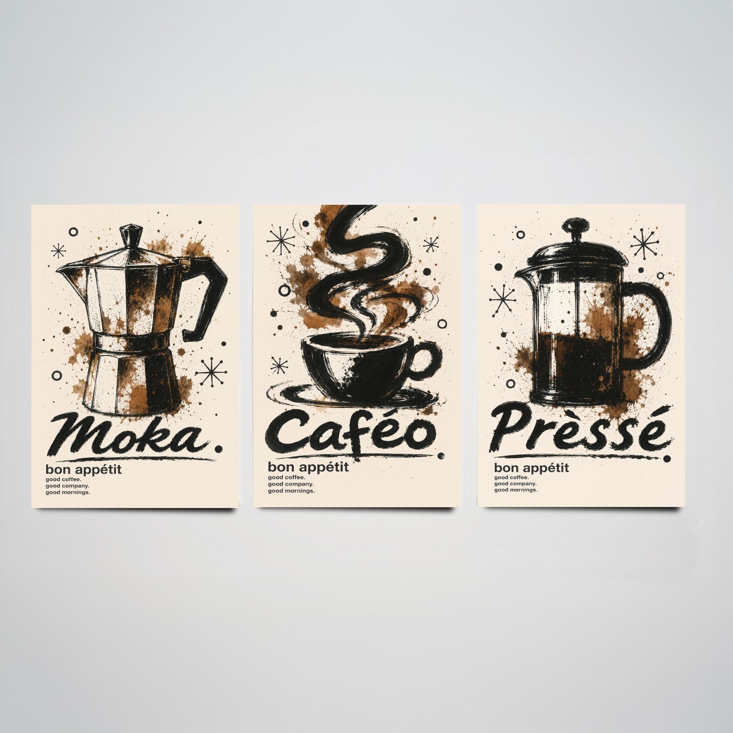 Coffee Lovers Set of Three Art Prints - Moka Pot, Coffee Cup, French Press - Ink Splatter Kitchen Wall Illustration Poster Gift