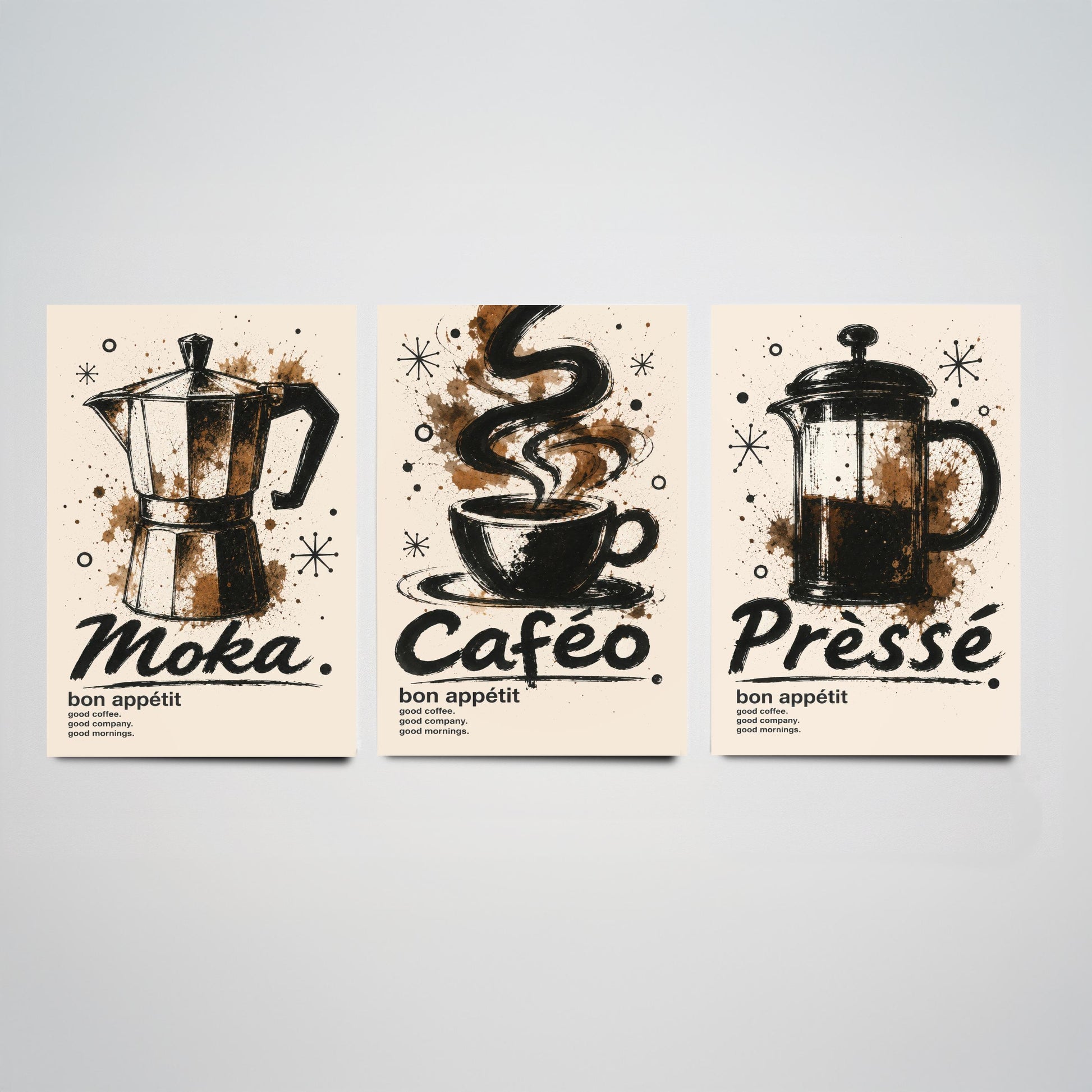 Coffee Lovers Set of Three Art Prints - Moka Pot, Coffee Cup, French Press - Ink Splatter Kitchen Wall Illustration Poster Gift