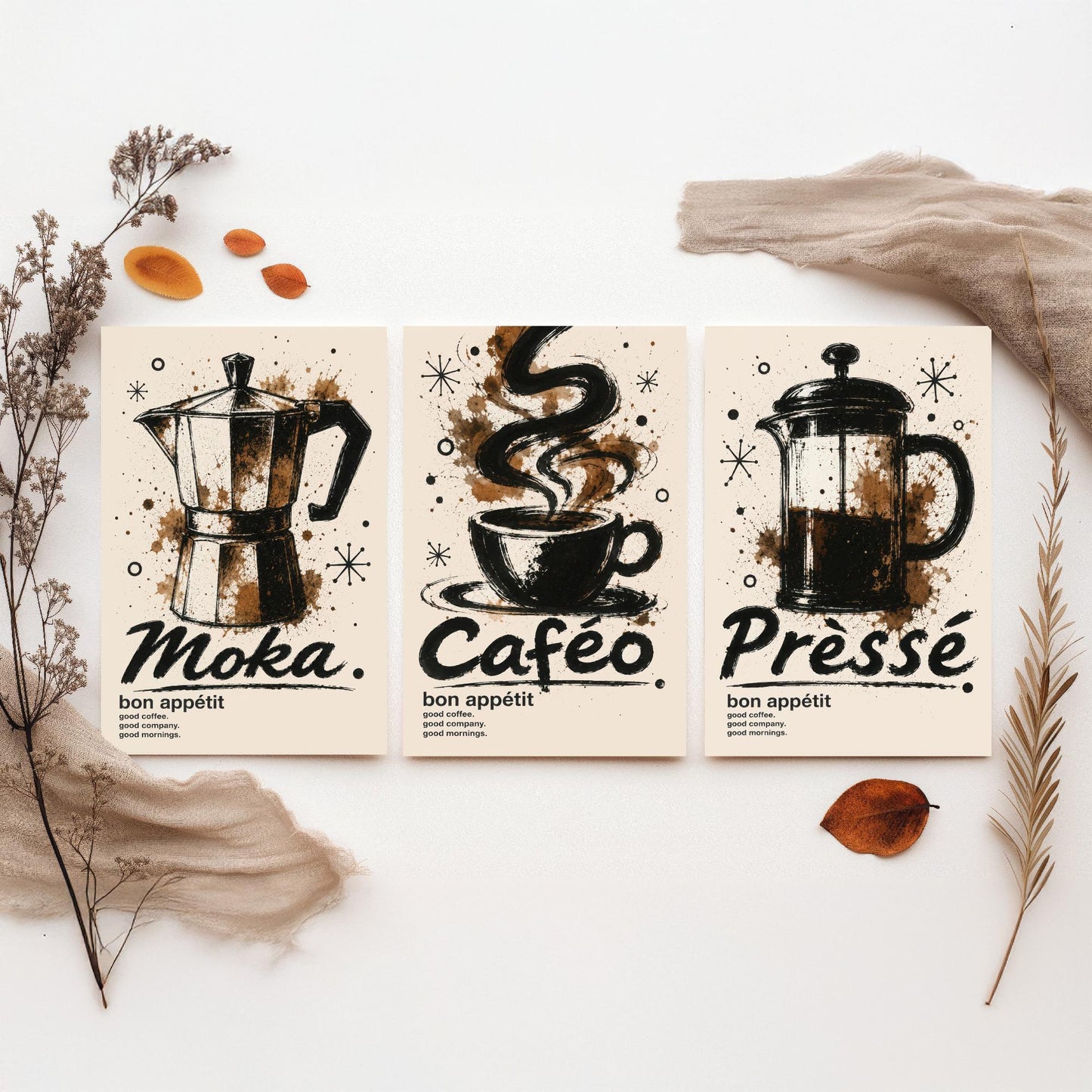 Coffee Lovers Set of Three Art Prints - Moka Pot, Coffee Cup, French Press - Ink Splatter Kitchen Wall Illustration Poster Gift