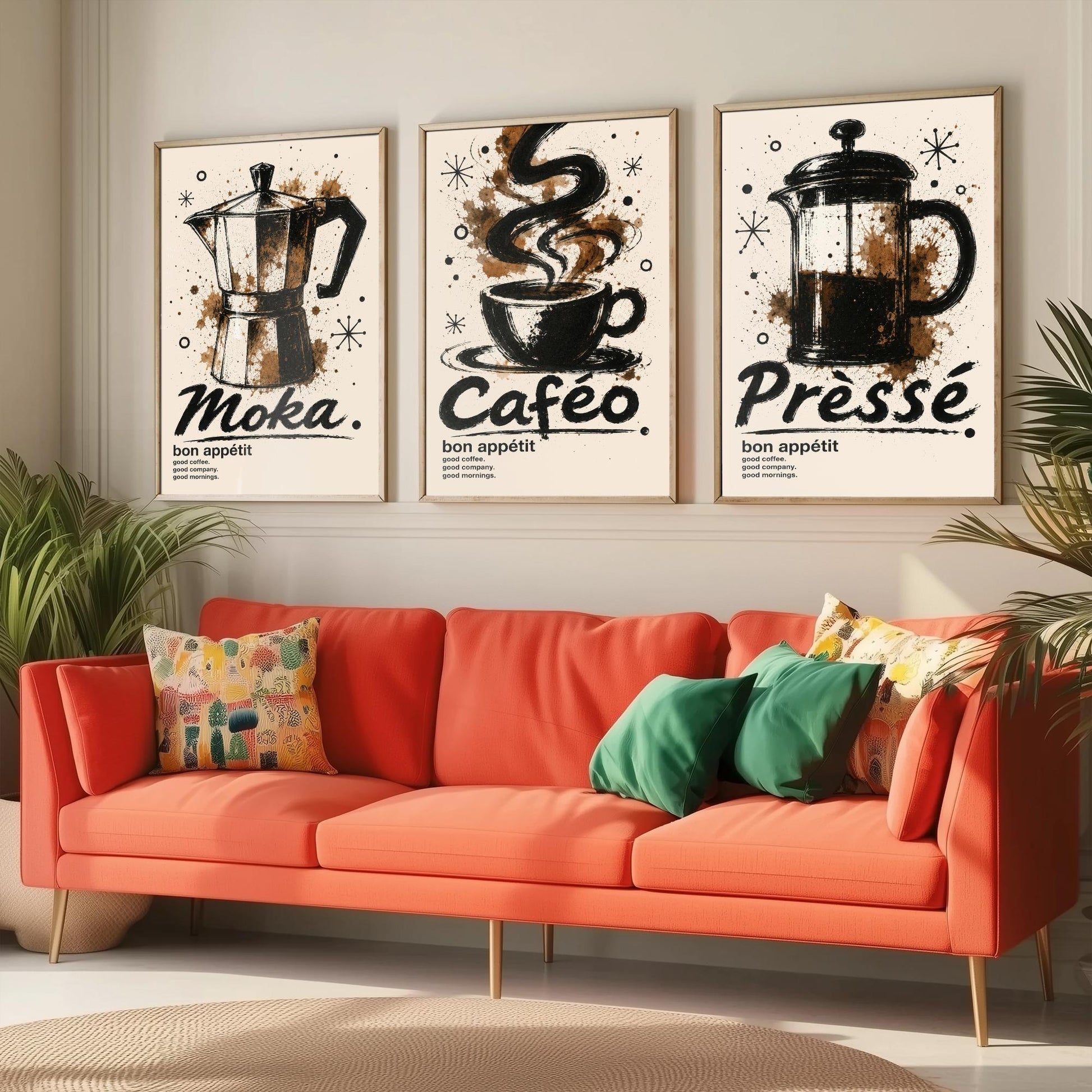Coffee Lovers Set of Three Art Prints - Moka Pot, Coffee Cup, French Press - Ink Splatter Kitchen Wall Illustration Poster Gift