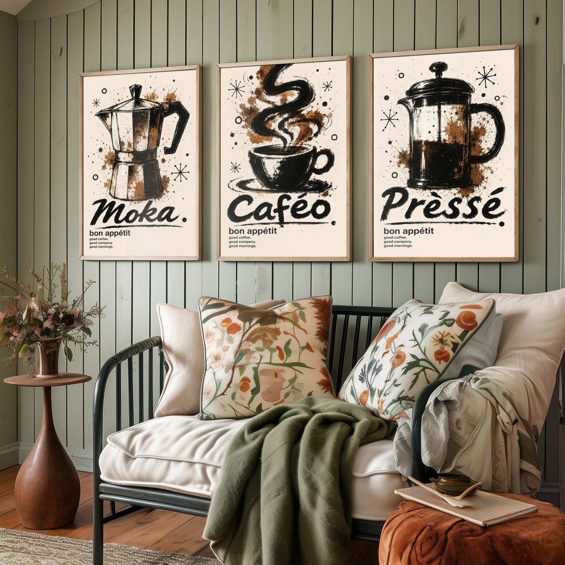 Coffee Lovers Set of Three Art Prints - Moka Pot, Coffee Cup, French Press - Ink Splatter Kitchen Wall Illustration Poster Gift