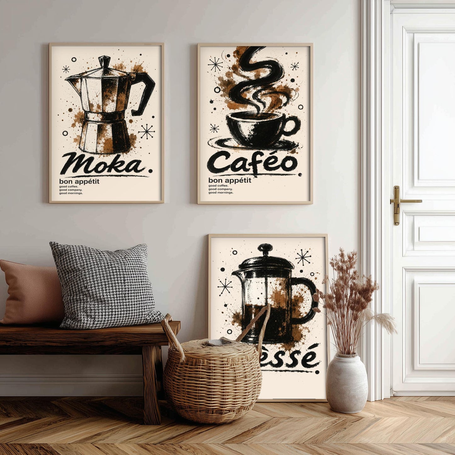 Coffee Lovers Set of Three Art Prints - Moka Pot, Coffee Cup, French Press - Ink Splatter Kitchen Wall Illustration Poster Gift