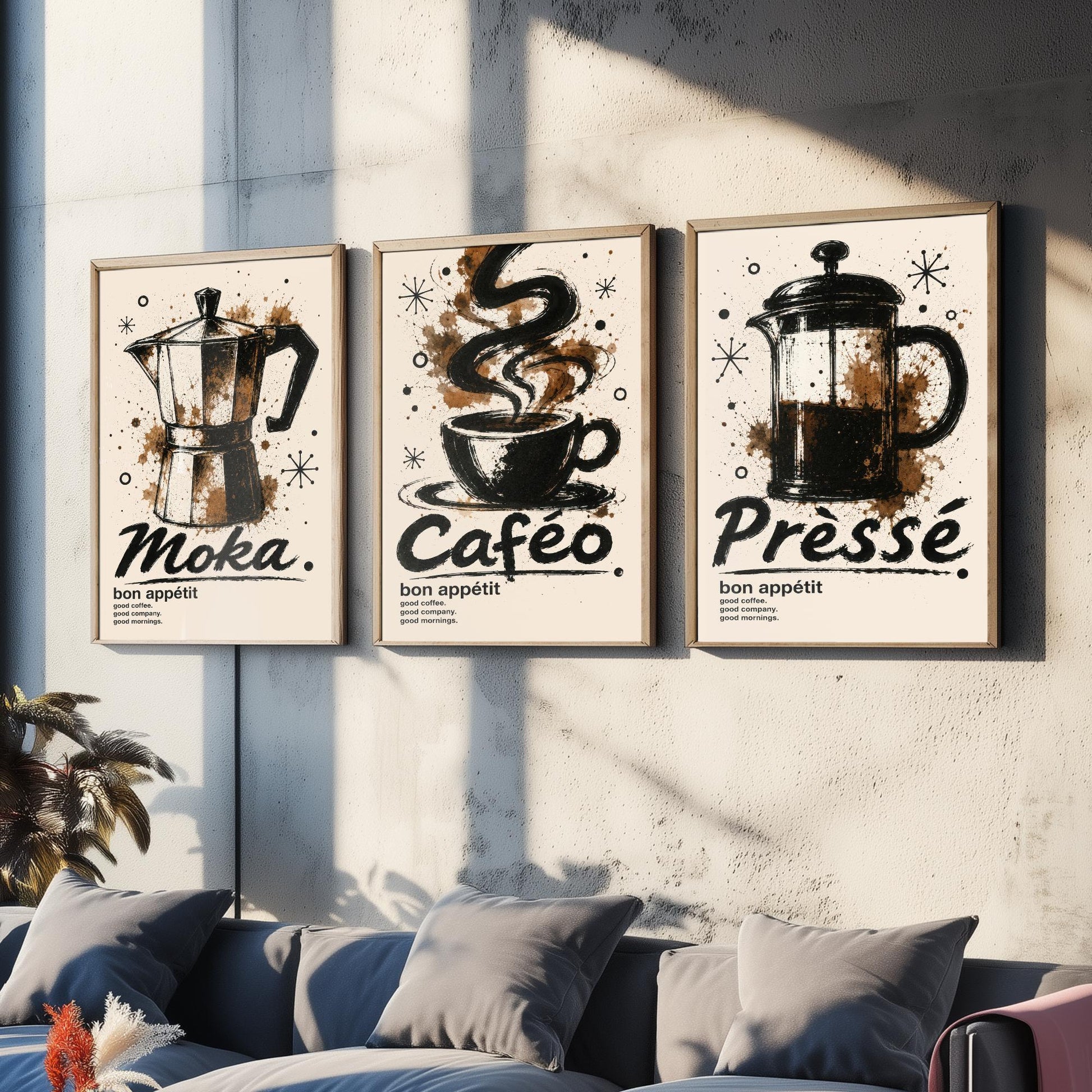 Coffee Lovers Set of Three Art Prints - Moka Pot, Coffee Cup, French Press - Ink Splatter Kitchen Wall Illustration Poster Gift