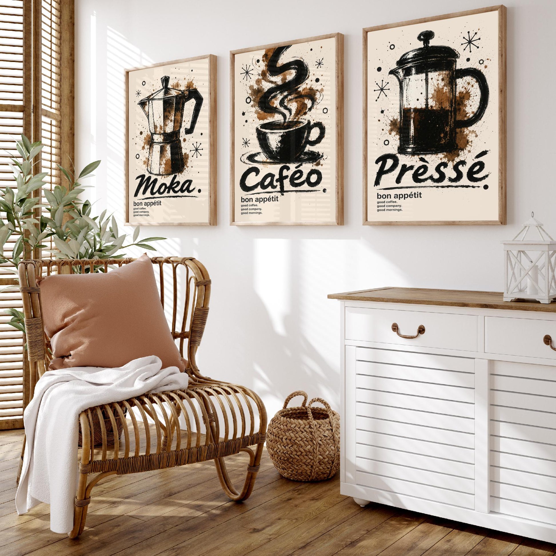 Coffee Lovers Set of Three Art Prints - Moka Pot, Coffee Cup, French Press - Ink Splatter Kitchen Wall Illustration Poster Gift