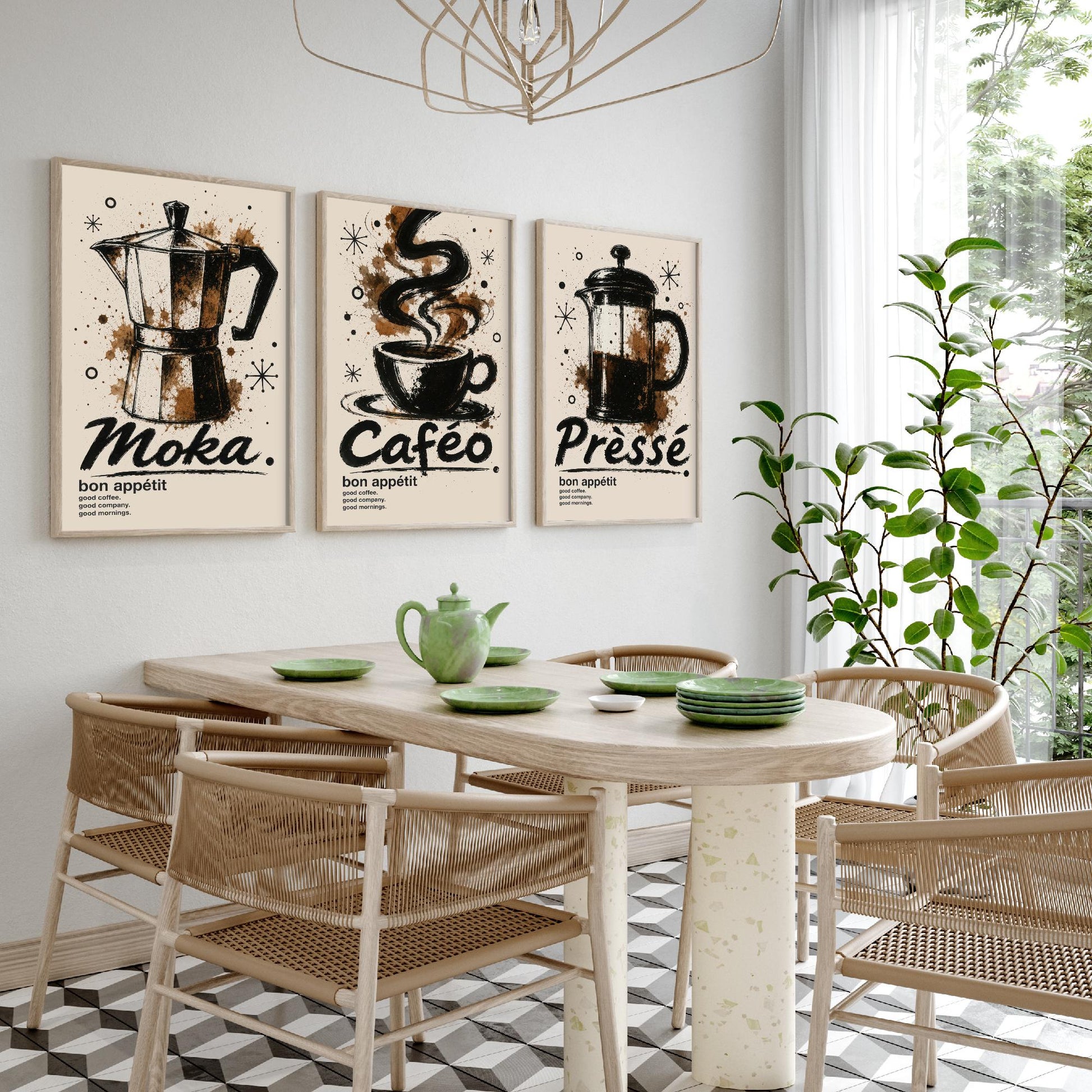 Coffee Lovers Set of Three Art Prints - Moka Pot, Coffee Cup, French Press - Ink Splatter Kitchen Wall Illustration Poster Gift