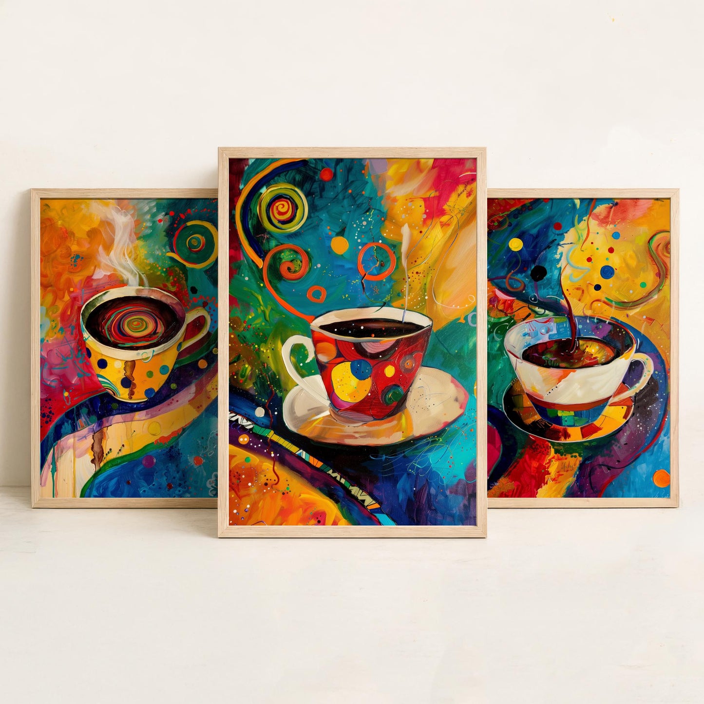 Colourful Coffee Set of Three Art Prints - 3 Vibrant Expressive Coffee Cup Paintings - Bright Kitchen Wall Decor Poster Cafe Gift