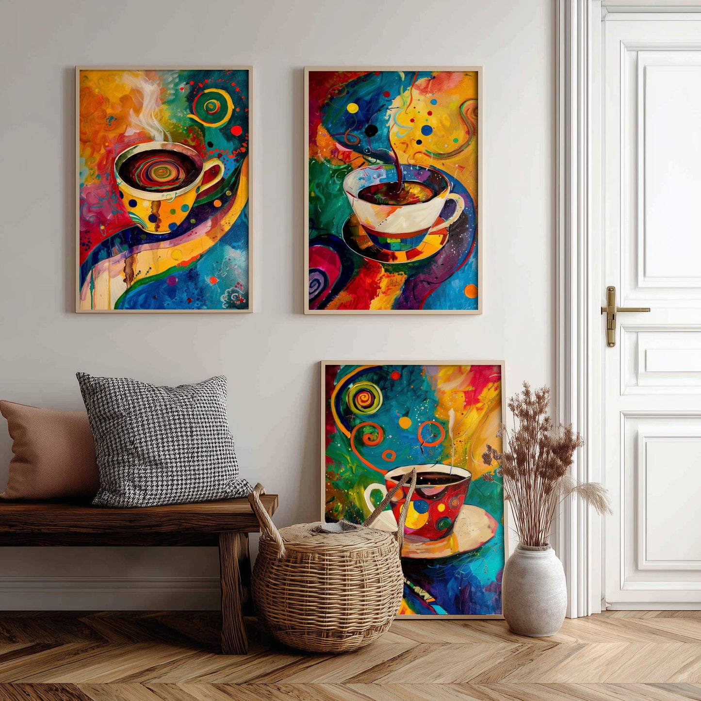 Colourful Coffee Set of Three Art Prints - 3 Vibrant Expressive Coffee Cup Paintings - Bright Kitchen Wall Decor Poster Cafe Gift