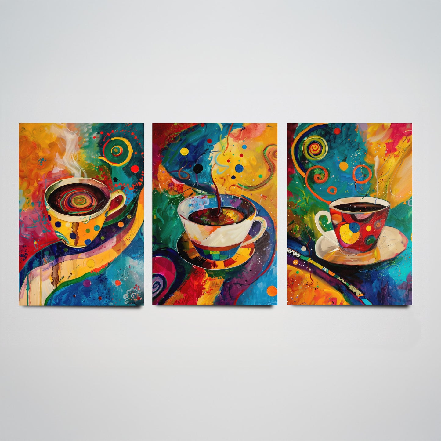 Colourful Coffee Set of Three Art Prints - 3 Vibrant Expressive Coffee Cup Paintings - Bright Kitchen Wall Decor Poster Cafe Gift