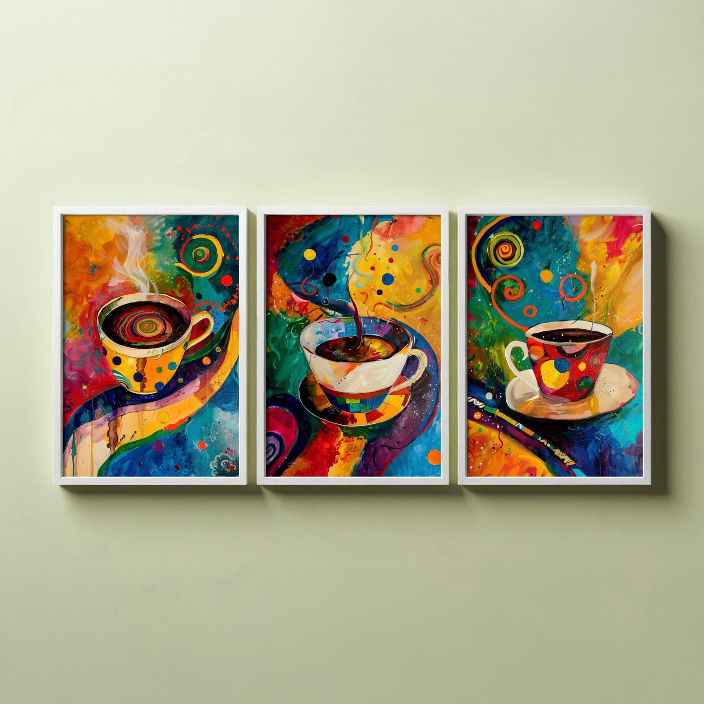 Colourful Coffee Set of Three Art Prints - 3 Vibrant Expressive Coffee Cup Paintings - Bright Kitchen Wall Decor Poster Cafe Gift
