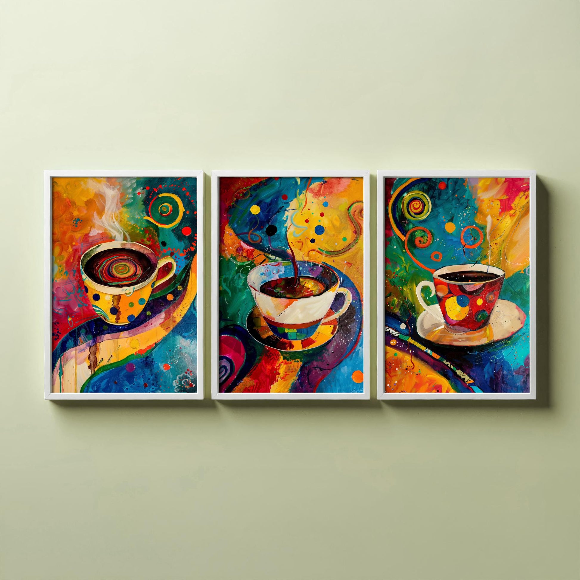 Colourful Coffee Set of Three Art Prints - 3 Vibrant Expressive Coffee Cup Paintings - Bright Kitchen Wall Decor Poster Cafe Gift