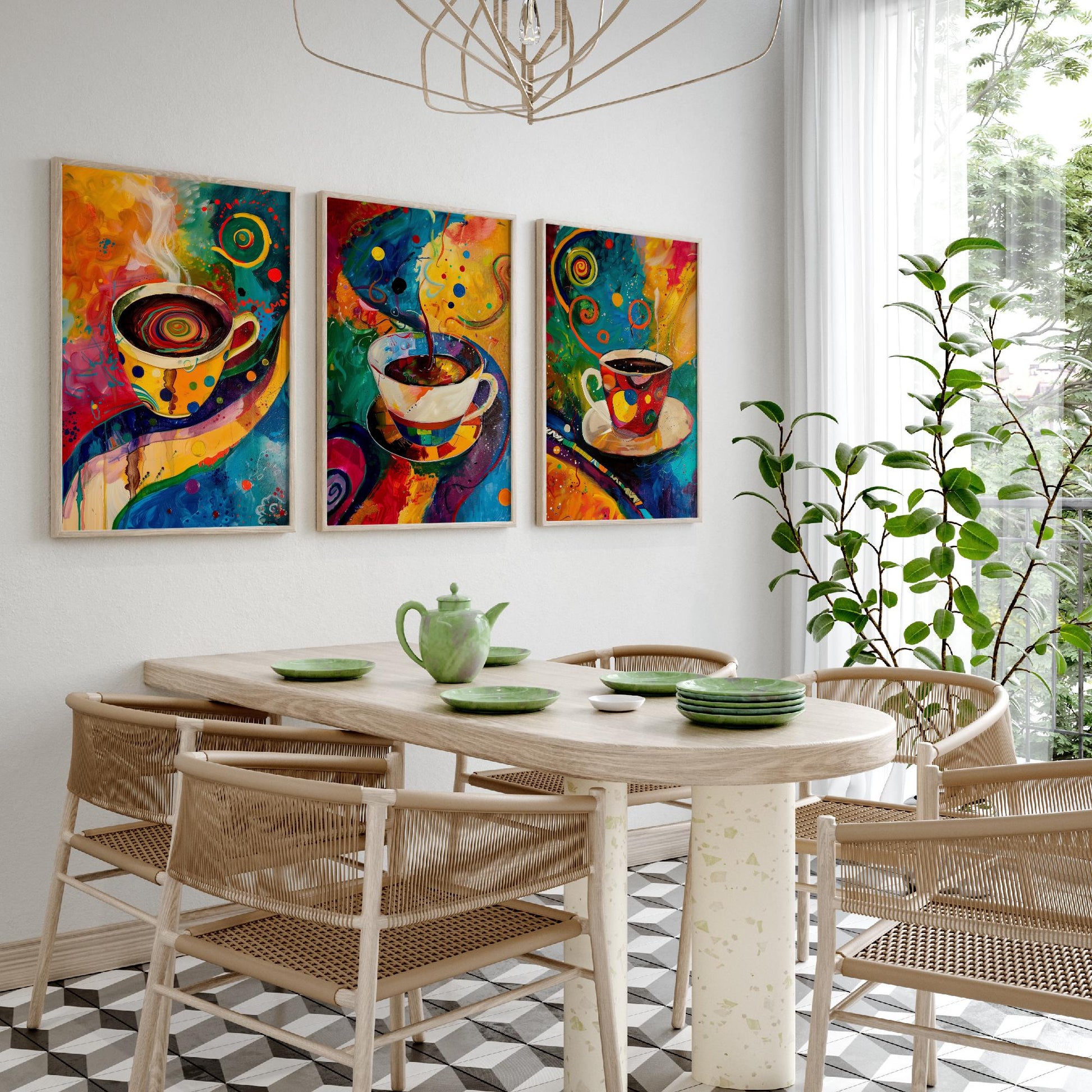 Colourful Coffee Set of Three Art Prints - 3 Vibrant Expressive Coffee Cup Paintings - Bright Kitchen Wall Decor Poster Cafe Gift