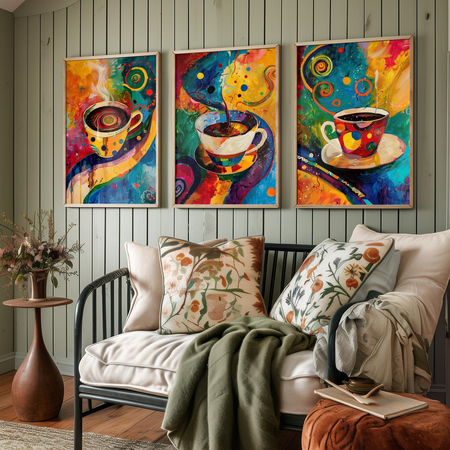 Colourful Coffee Set of Three Art Prints - 3 Vibrant Expressive Coffee Cup Paintings - Bright Kitchen Wall Decor Poster Cafe Gift