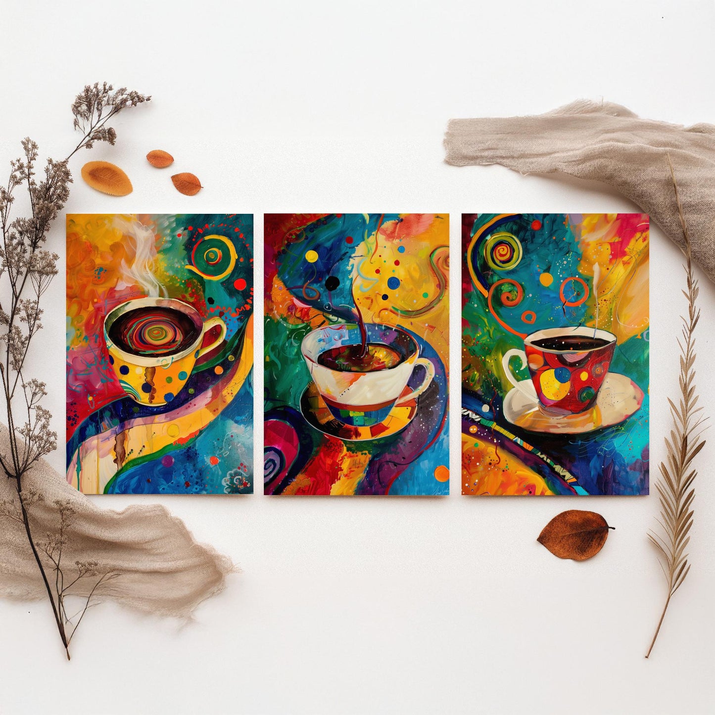 Colourful Coffee Set of Three Art Prints - 3 Vibrant Expressive Coffee Cup Paintings - Bright Kitchen Wall Decor Poster Cafe Gift