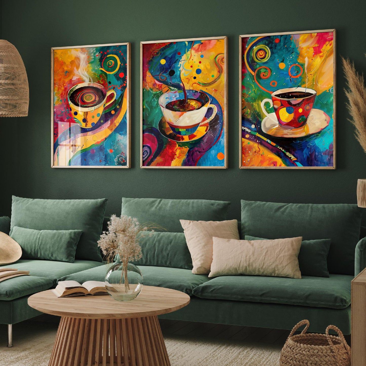Colourful Coffee Set of Three Art Prints - 3 Vibrant Expressive Coffee Cup Paintings - Bright Kitchen Wall Decor Poster Cafe Gift