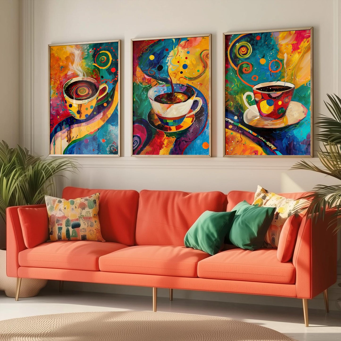 Colourful Coffee Set of Three Art Prints - 3 Vibrant Expressive Coffee Cup Paintings - Bright Kitchen Wall Decor Poster Cafe Gift