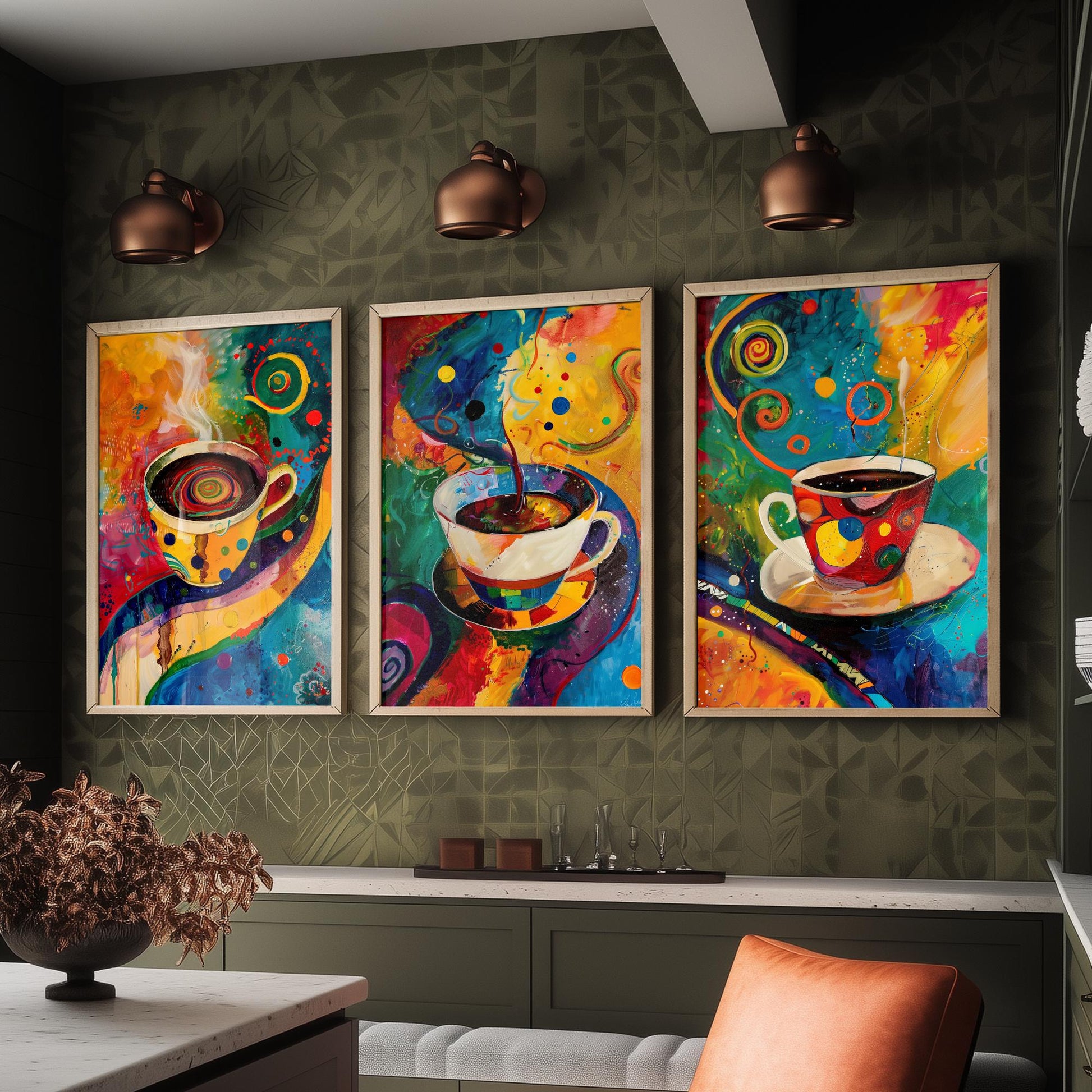 Colourful Coffee Set of Three Art Prints - 3 Vibrant Expressive Coffee Cup Paintings - Bright Kitchen Wall Decor Poster Cafe Gift
