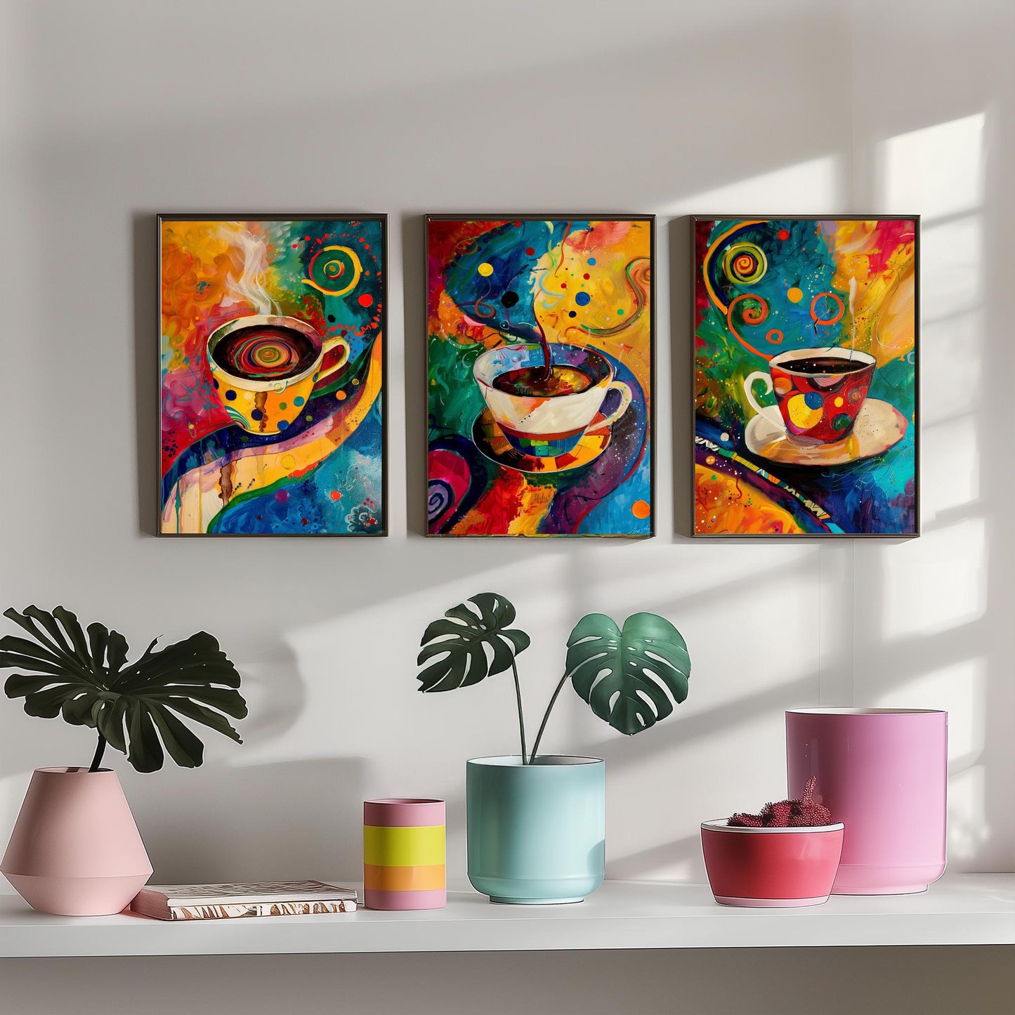 Colourful Coffee Set of Three Art Prints - 3 Vibrant Expressive Coffee Cup Paintings - Bright Kitchen Wall Decor Poster Cafe Gift