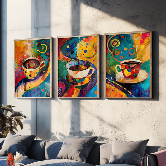 Colourful Coffee Set of Three Art Prints - 3 Vibrant Expressive Coffee Cup Paintings - Bright Kitchen Wall Decor Poster Cafe Gift