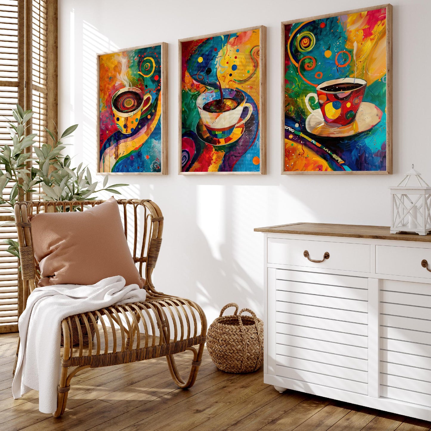 Colourful Coffee Set of Three Art Prints - 3 Vibrant Expressive Coffee Cup Paintings - Bright Kitchen Wall Decor Poster Cafe Gift
