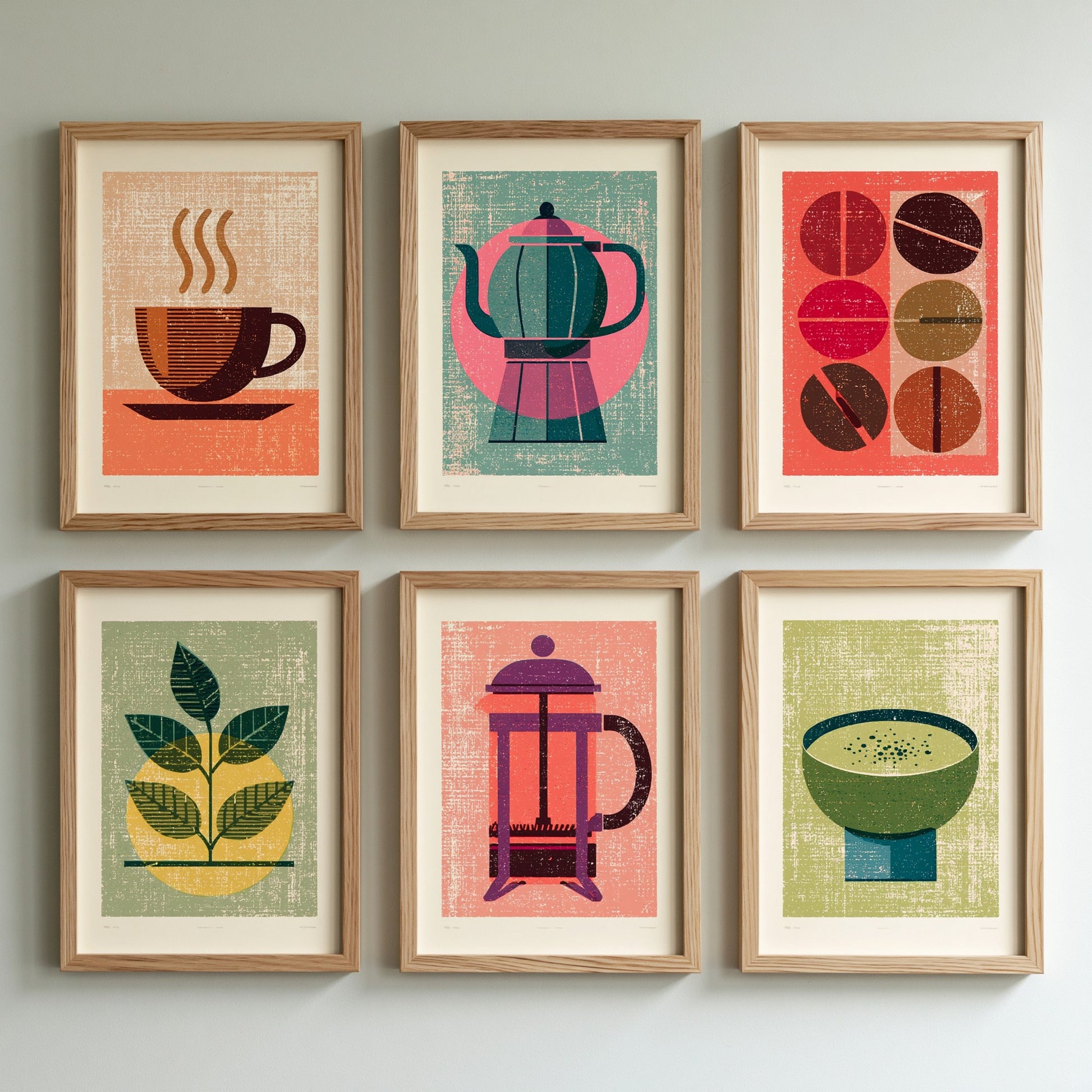 Set of Six Coffee and Tea Linocut Art Prints - 6 Kitchen Illustrations - Coffee Cup, Teapot, Beans, Cafetiere, Matcha - Poster