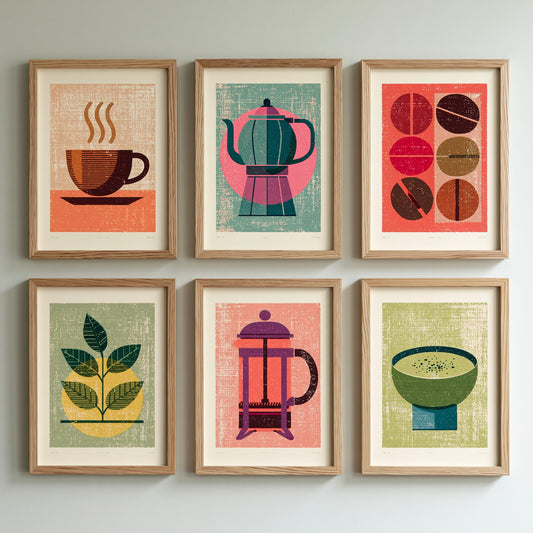 Set of Six Coffee and Tea Linocut Art Prints - 6 Kitchen Illustrations - Coffee Cup, Teapot, Beans, Cafetiere, Matcha - Poster