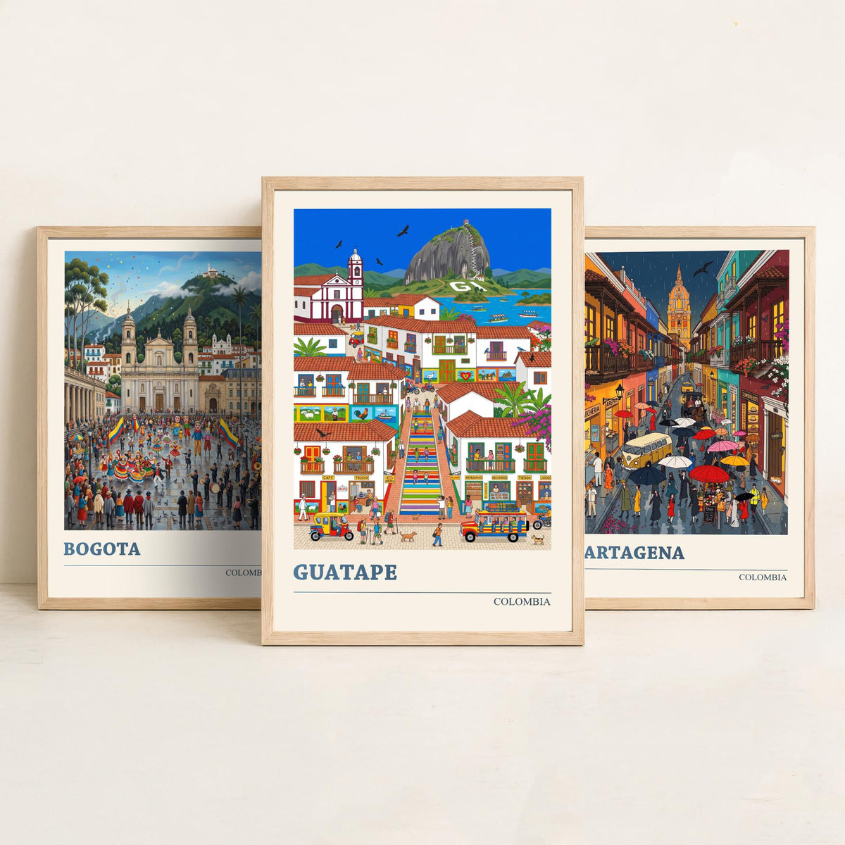 Colombia Set of Three Art Prints - Bogota, Cartagena, Guatape - 3 Colourful Folk Illustration Travel Posters - Latin American Painting