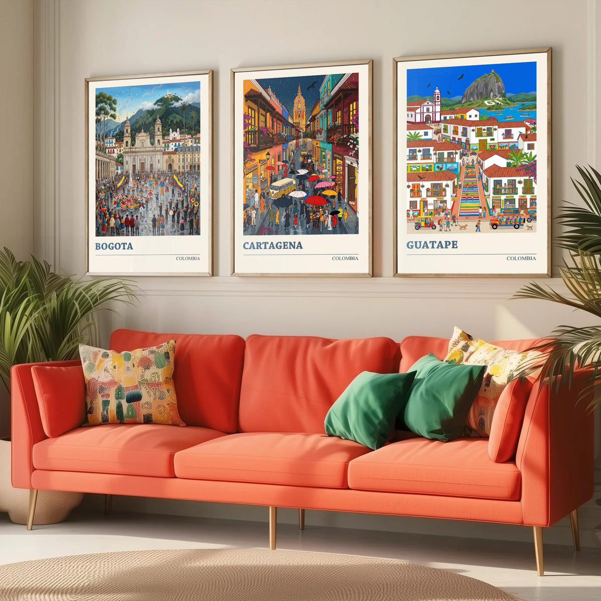 Colombia Set of Three Art Prints - Bogota, Cartagena, Guatape - 3 Colourful Folk Illustration Travel Posters - Latin American Painting
