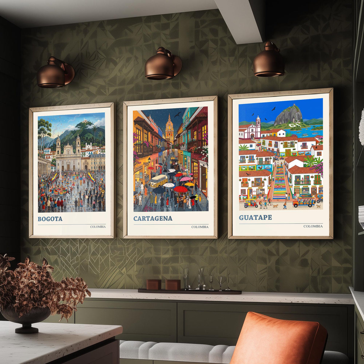 Colombia Set of Three Art Prints - Bogota, Cartagena, Guatape - 3 Colourful Folk Illustration Travel Posters - Latin American Painting