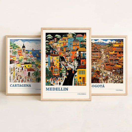 Colombia Set of Three Art Prints - Cartagena, Bogota, Medellin - Vibrant Modern Travel Posters - Colourful Illustration Wall Set