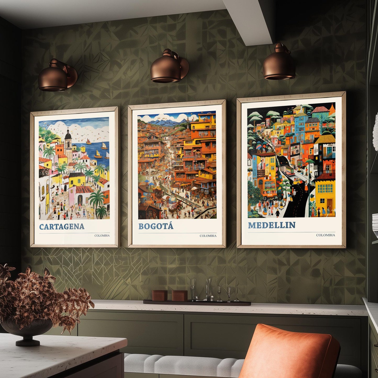 Colombia Set of Three Art Prints - Cartagena, Bogota, Medellin - Vibrant Modern Travel Posters - Colourful Illustration Wall Set