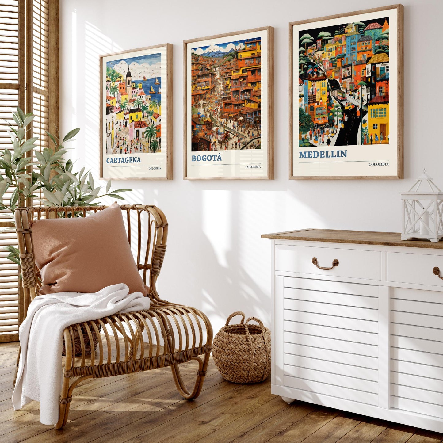Colombia Set of Three Art Prints - Cartagena, Bogota, Medellin - Vibrant Modern Travel Posters - Colourful Illustration Wall Set