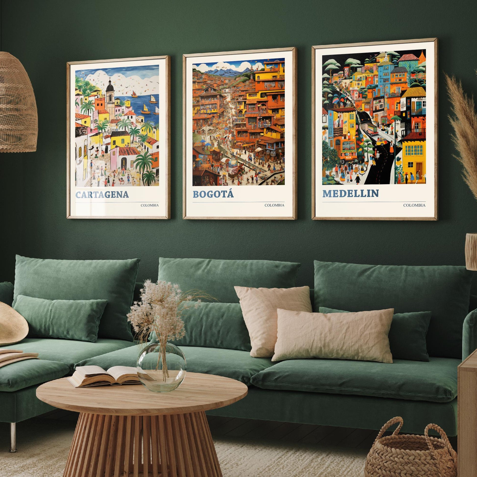 Colombia Set of Three Art Prints - Cartagena, Bogota, Medellin - Vibrant Modern Travel Posters - Colourful Illustration Wall Set