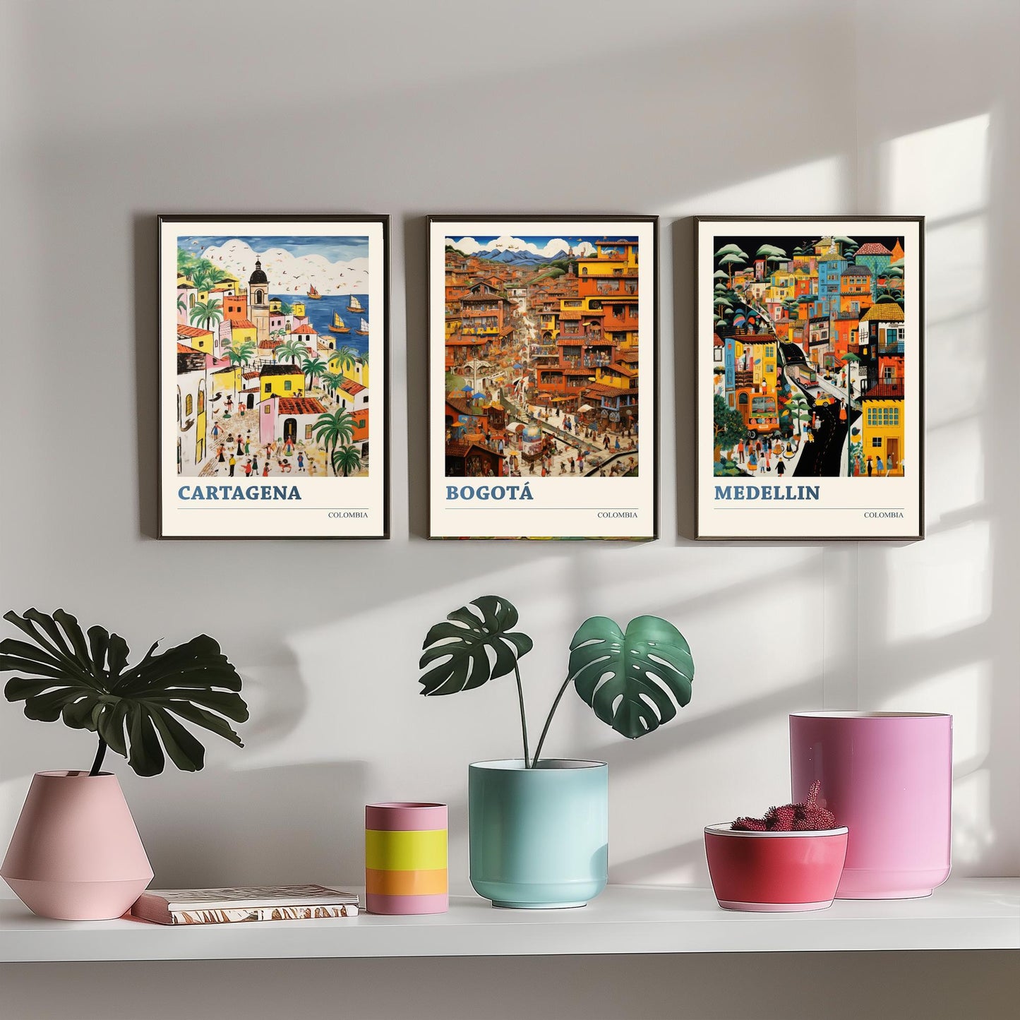 Colombia Set of Three Art Prints - Cartagena, Bogota, Medellin - Vibrant Modern Travel Posters - Colourful Illustration Wall Set
