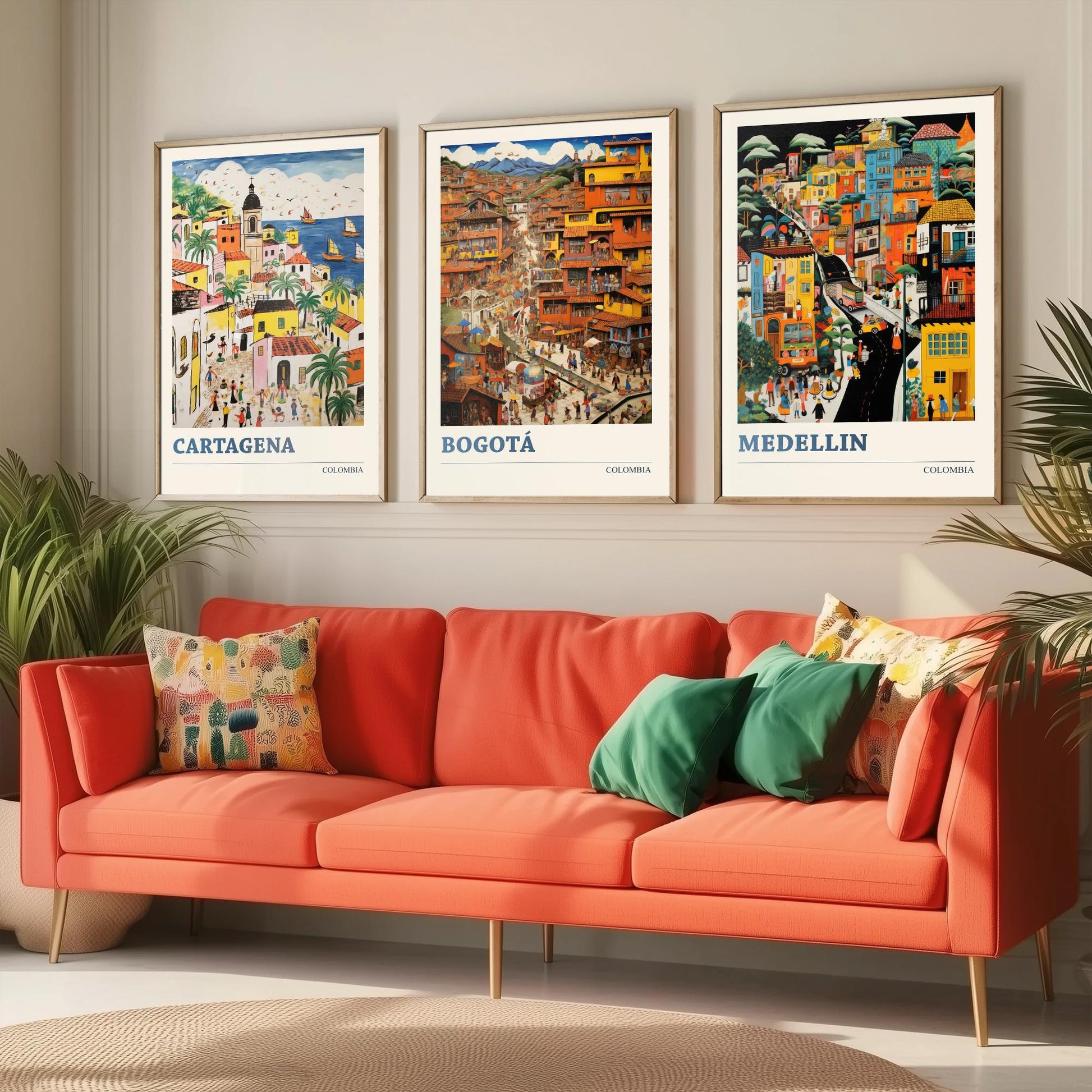 Colombia Set of Three Art Prints - Cartagena, Bogota, Medellin - Vibrant Modern Travel Posters - Colourful Illustration Wall Set