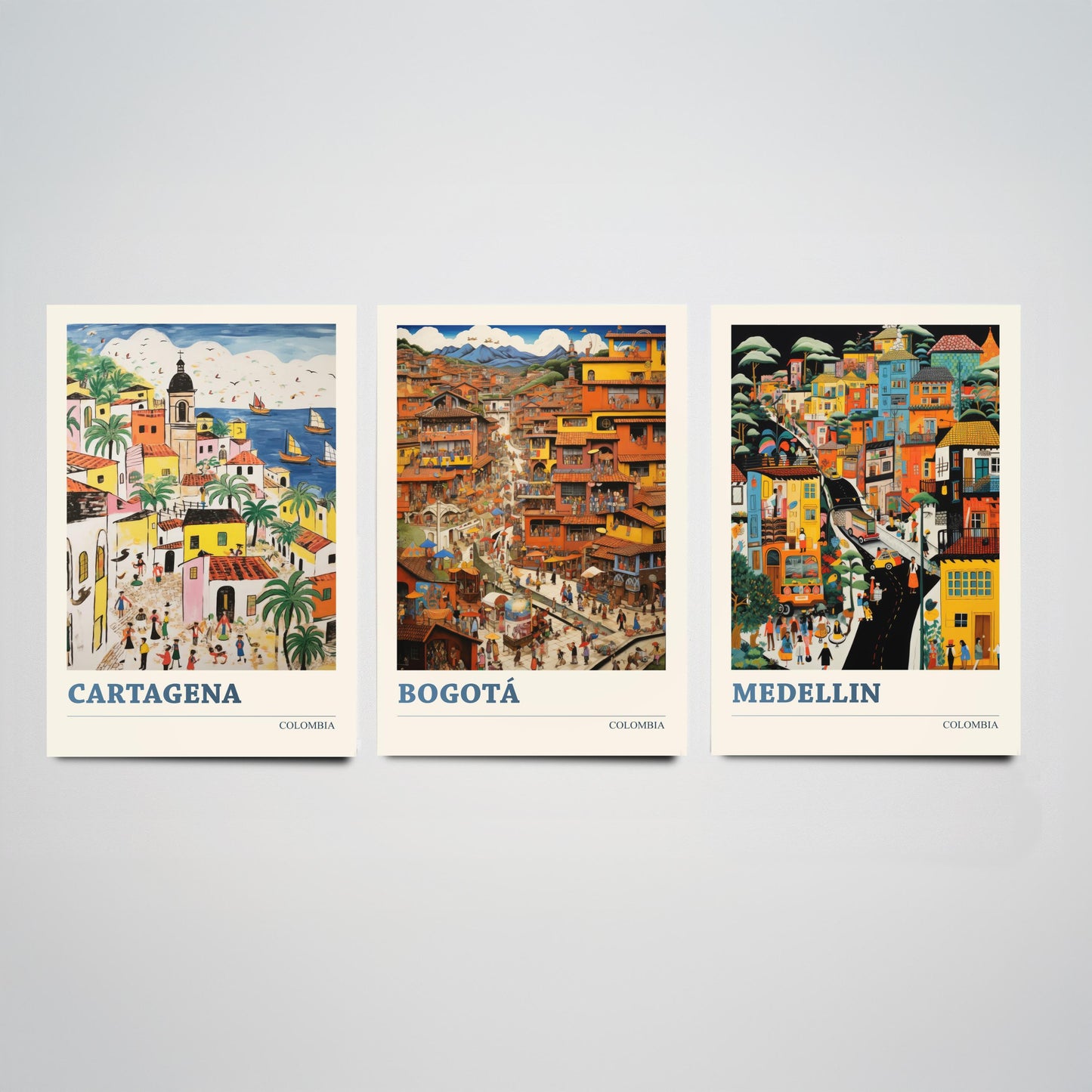 Colombia Set of Three Art Prints - Cartagena, Bogota, Medellin - Vibrant Modern Travel Posters - Colourful Illustration Wall Set