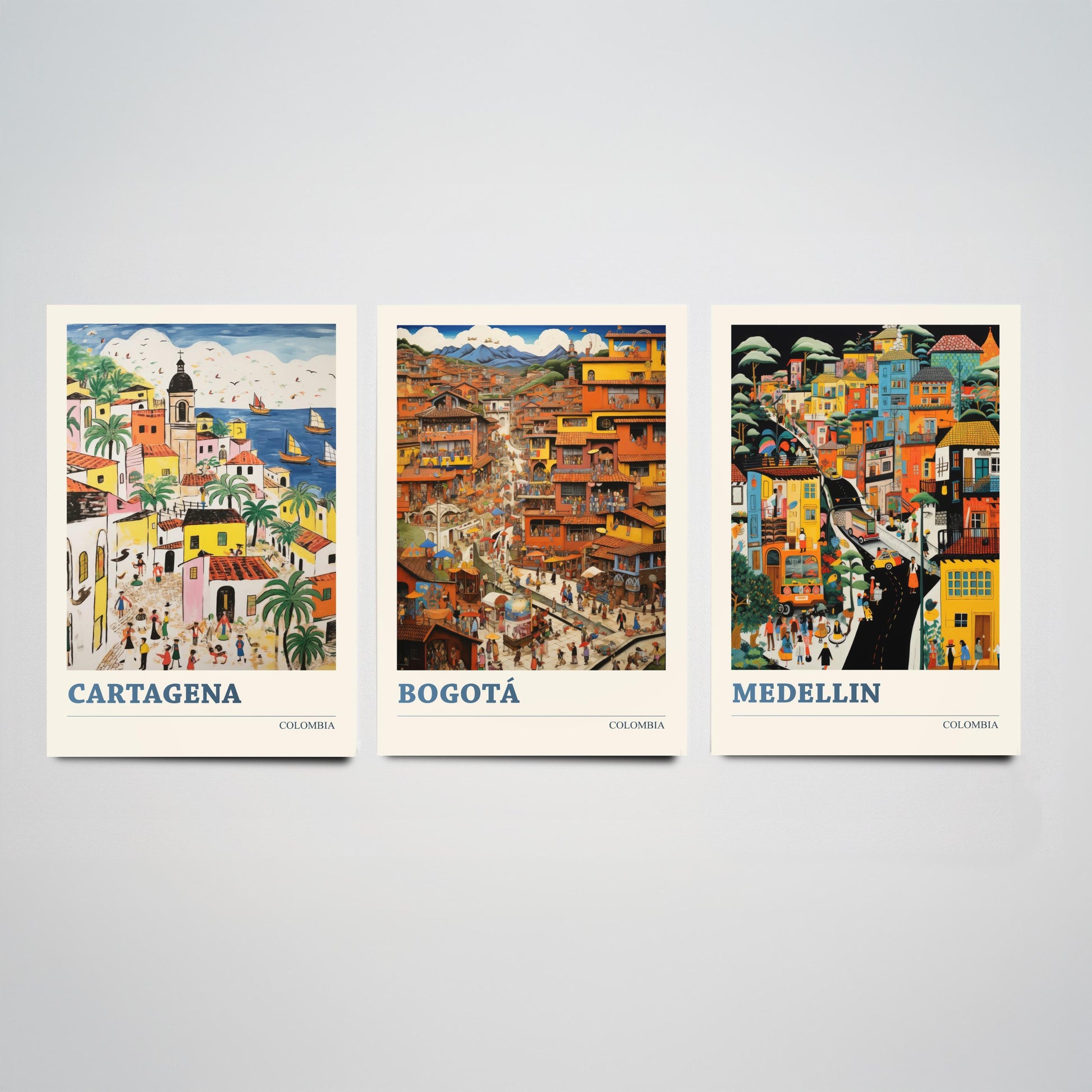 Colombia Set of Three Art Prints - Cartagena, Bogota, Medellin - Vibrant Modern Travel Posters - Colourful Illustration Wall Set