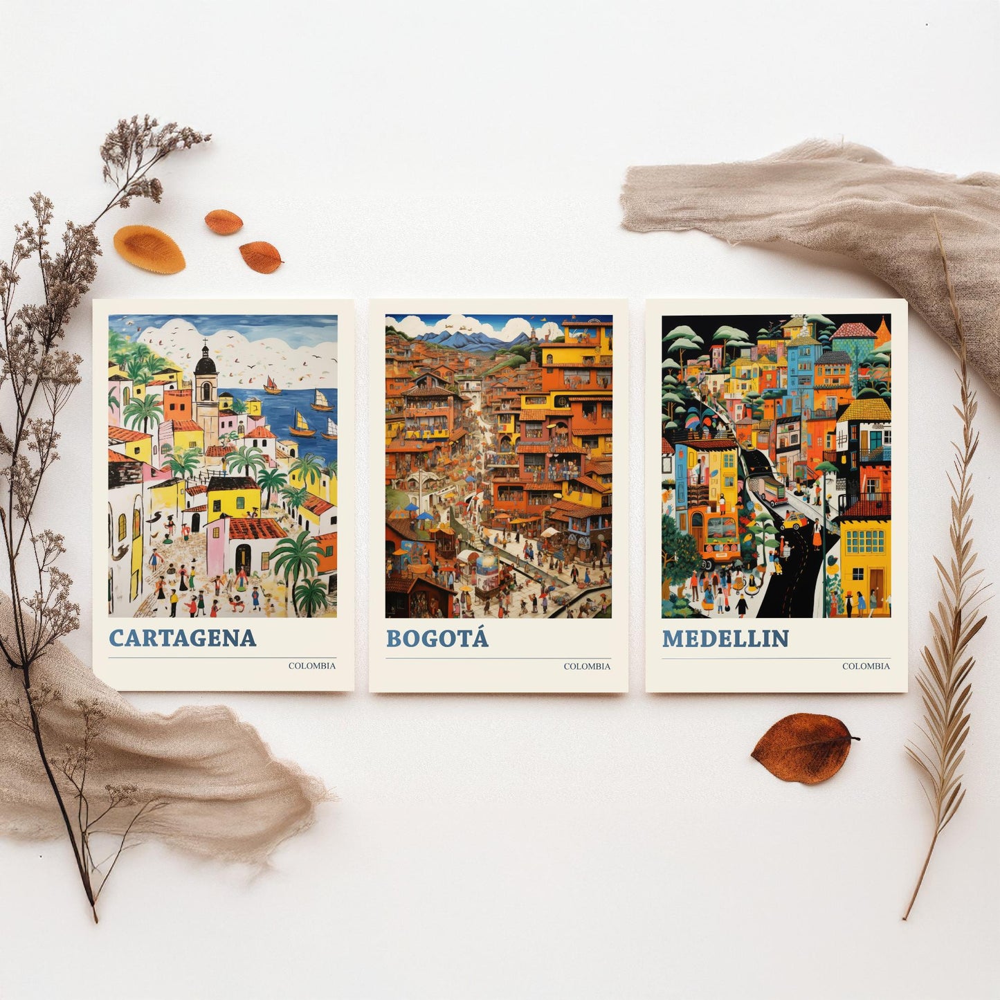 Colombia Set of Three Art Prints - Cartagena, Bogota, Medellin - Vibrant Modern Travel Posters - Colourful Illustration Wall Set