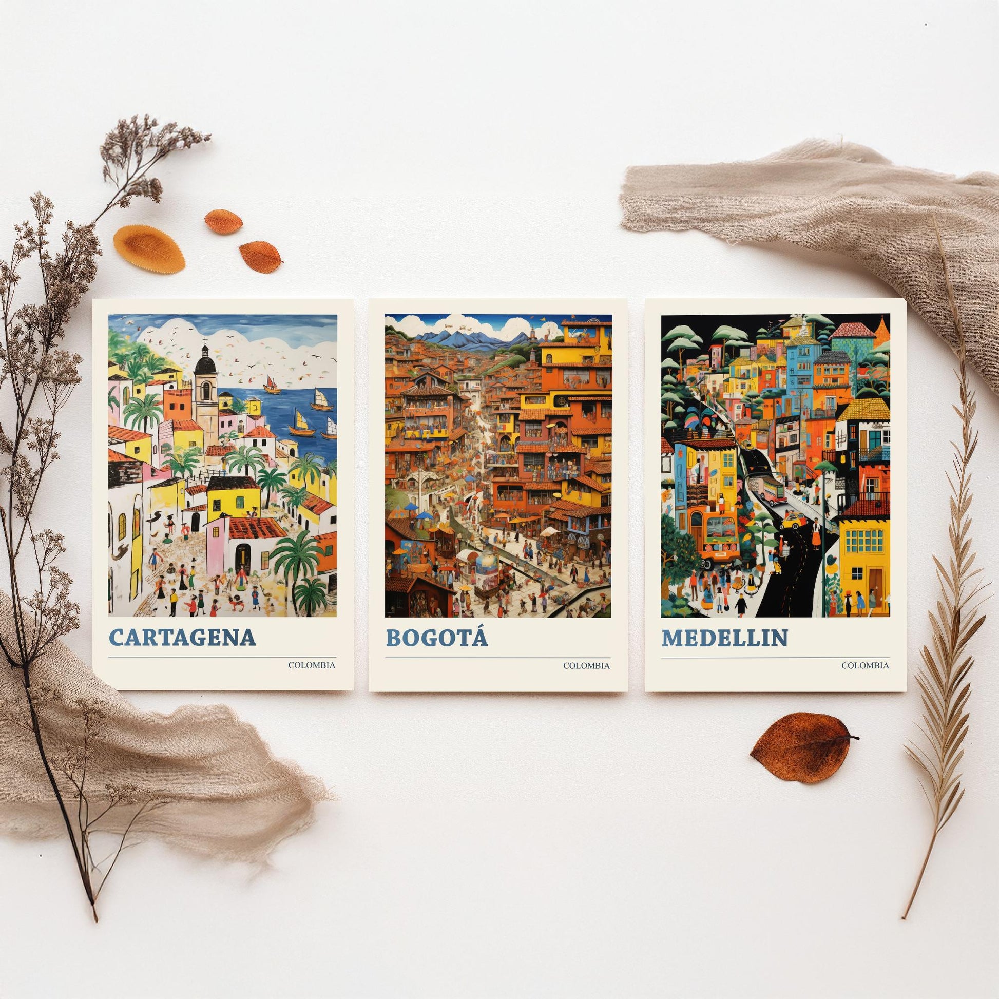 Colombia Set of Three Art Prints - Cartagena, Bogota, Medellin - Vibrant Modern Travel Posters - Colourful Illustration Wall Set