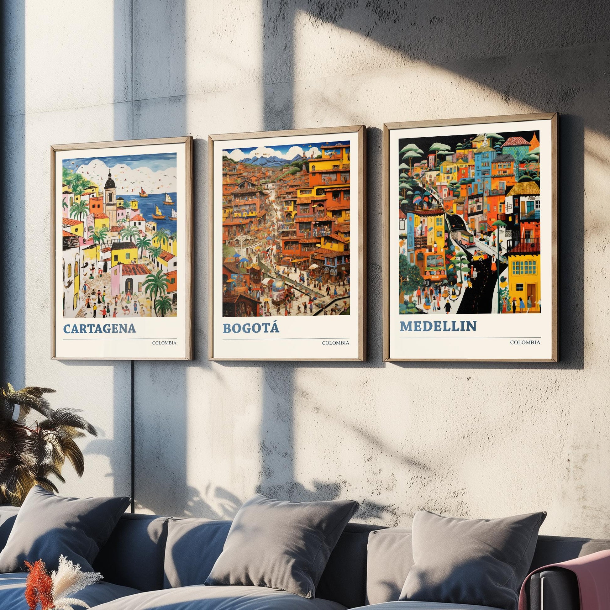 Colombia Set of Three Art Prints - Cartagena, Bogota, Medellin - Vibrant Modern Travel Posters - Colourful Illustration Wall Set