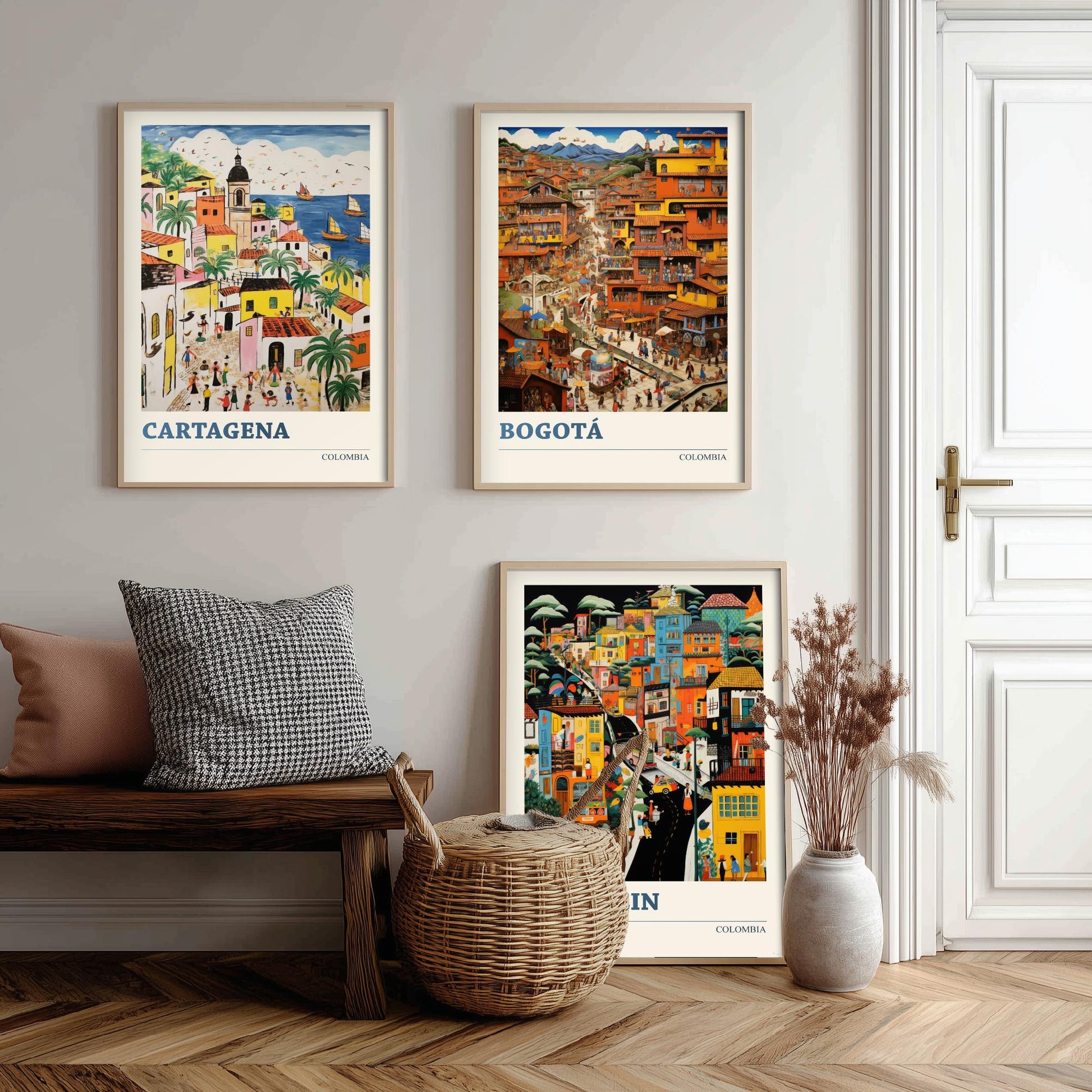 Colombia Set of Three Art Prints - Cartagena, Bogota, Medellin - Vibrant Modern Travel Posters - Colourful Illustration Wall Set