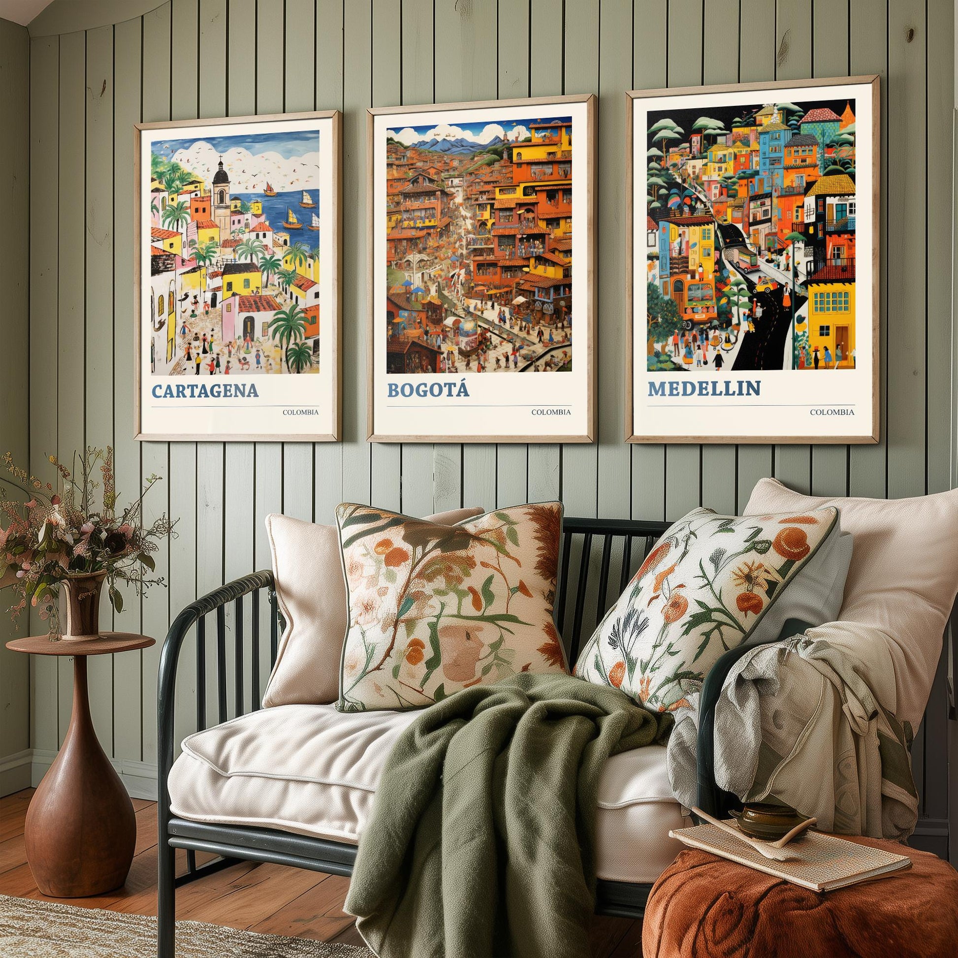 Colombia Set of Three Art Prints - Cartagena, Bogota, Medellin - Vibrant Modern Travel Posters - Colourful Illustration Wall Set
