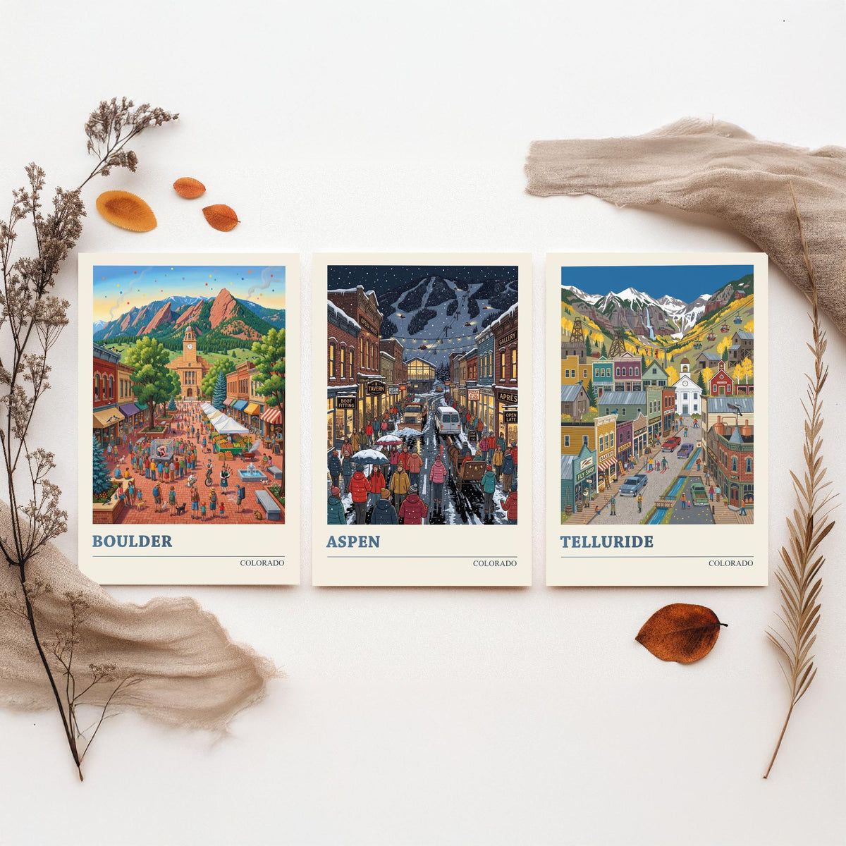 Colorado Set of Three Art Prints - Boulder, Aspen, Telluride - 3 Colourful Folk Illustration Travel Posters - Rocky Mountain Painting
