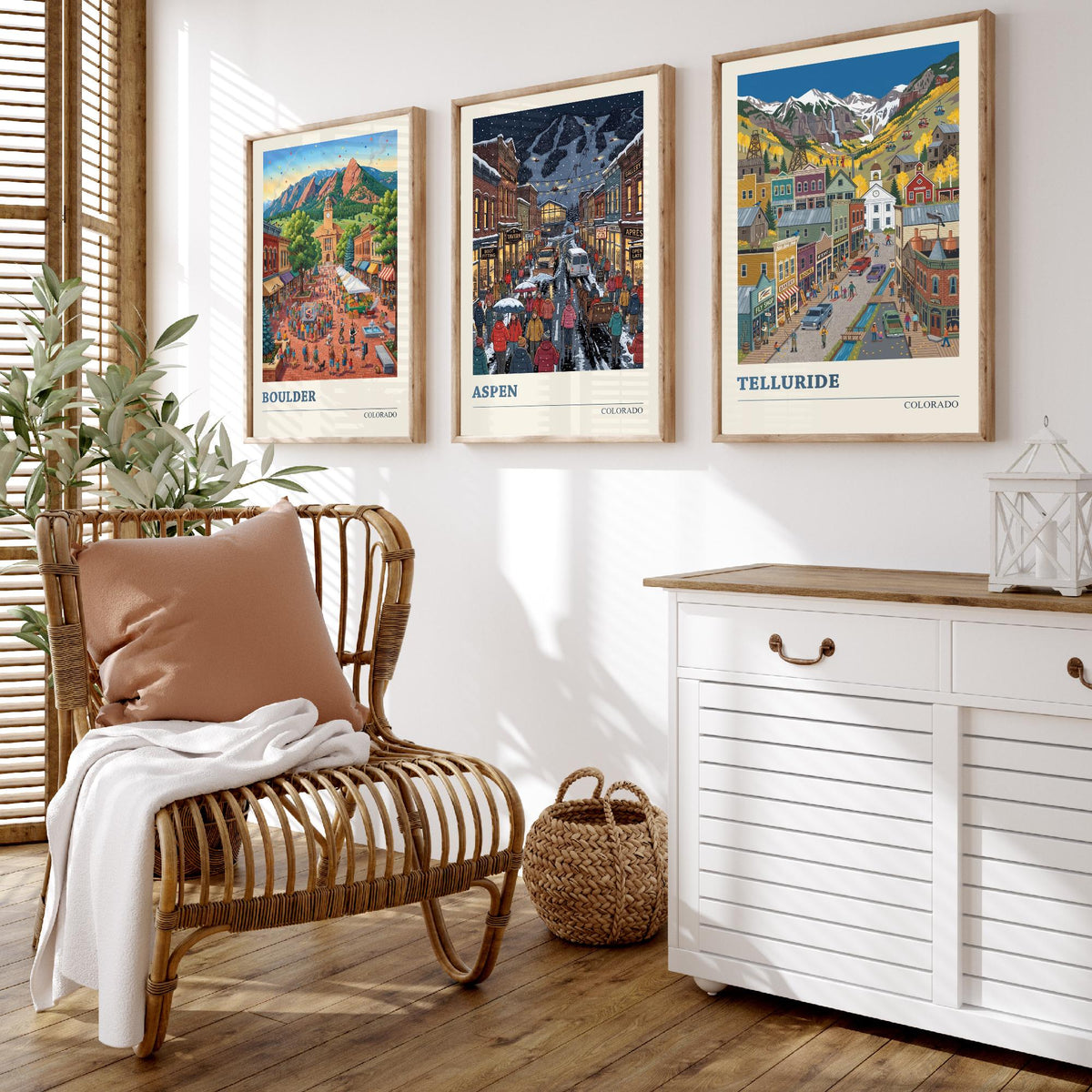 Colorado Set of Three Art Prints - Boulder, Aspen, Telluride - 3 Colourful Folk Illustration Travel Posters - Rocky Mountain Painting