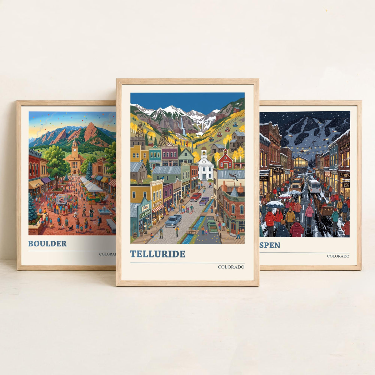 Colorado Set of Three Art Prints - Boulder, Aspen, Telluride - 3 Colourful Folk Illustration Travel Posters - Rocky Mountain Painting