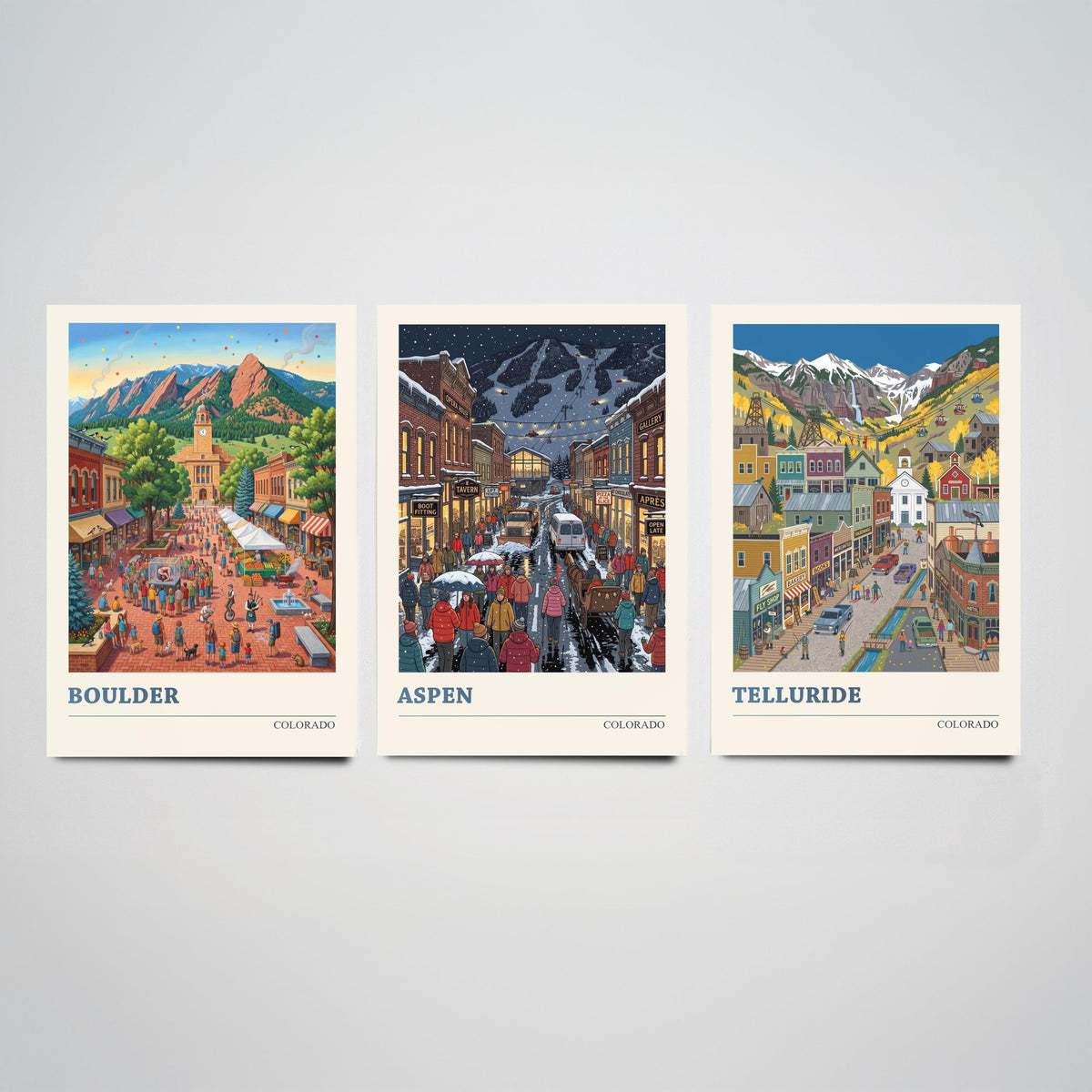 Colorado Set of Three Art Prints - Boulder, Aspen, Telluride - 3 Colourful Folk Illustration Travel Posters - Rocky Mountain Painting