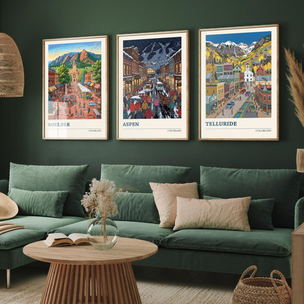 Colorado Set of Three Art Prints - Boulder, Aspen, Telluride - 3 Colourful Folk Illustration Travel Posters - Rocky Mountain Painting