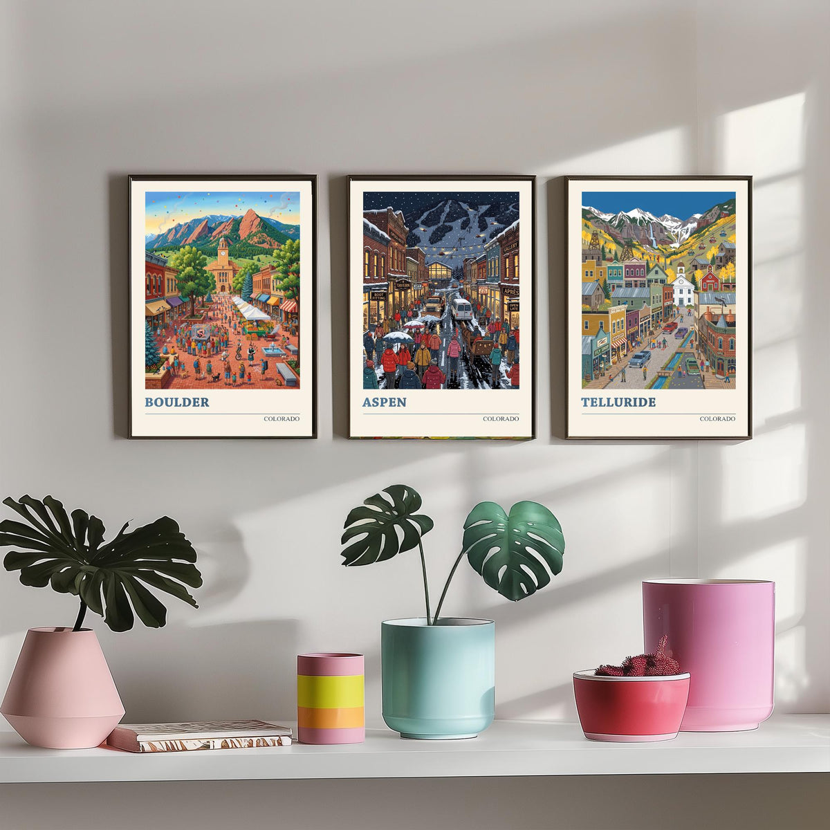 Colorado Set of Three Art Prints - Boulder, Aspen, Telluride - 3 Colourful Folk Illustration Travel Posters - Rocky Mountain Painting