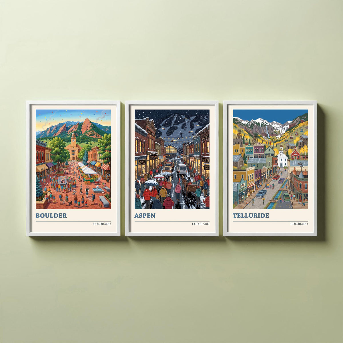 Colorado Set of Three Art Prints - Boulder, Aspen, Telluride - 3 Colourful Folk Illustration Travel Posters - Rocky Mountain Painting