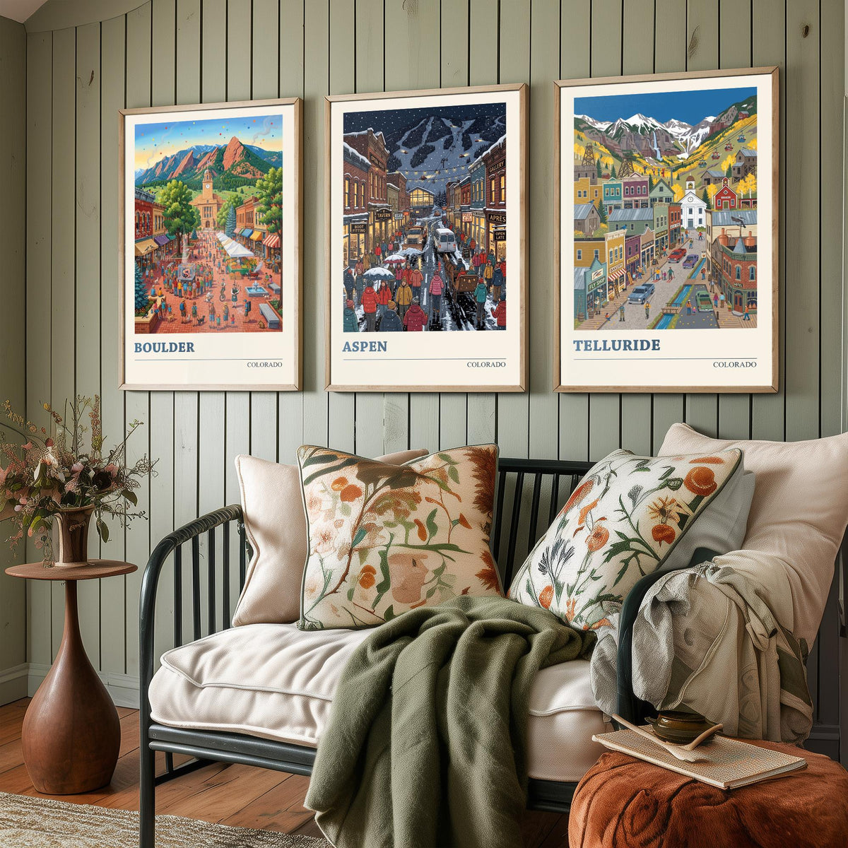 Colorado Set of Three Art Prints - Boulder, Aspen, Telluride - 3 Colourful Folk Illustration Travel Posters - Rocky Mountain Painting